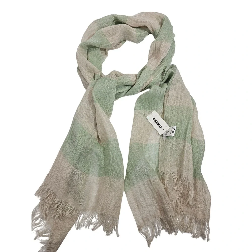 Fabiana Filippi Scarf Stole OS Green Tan Striped 100% Linen Made in Italy 27x80